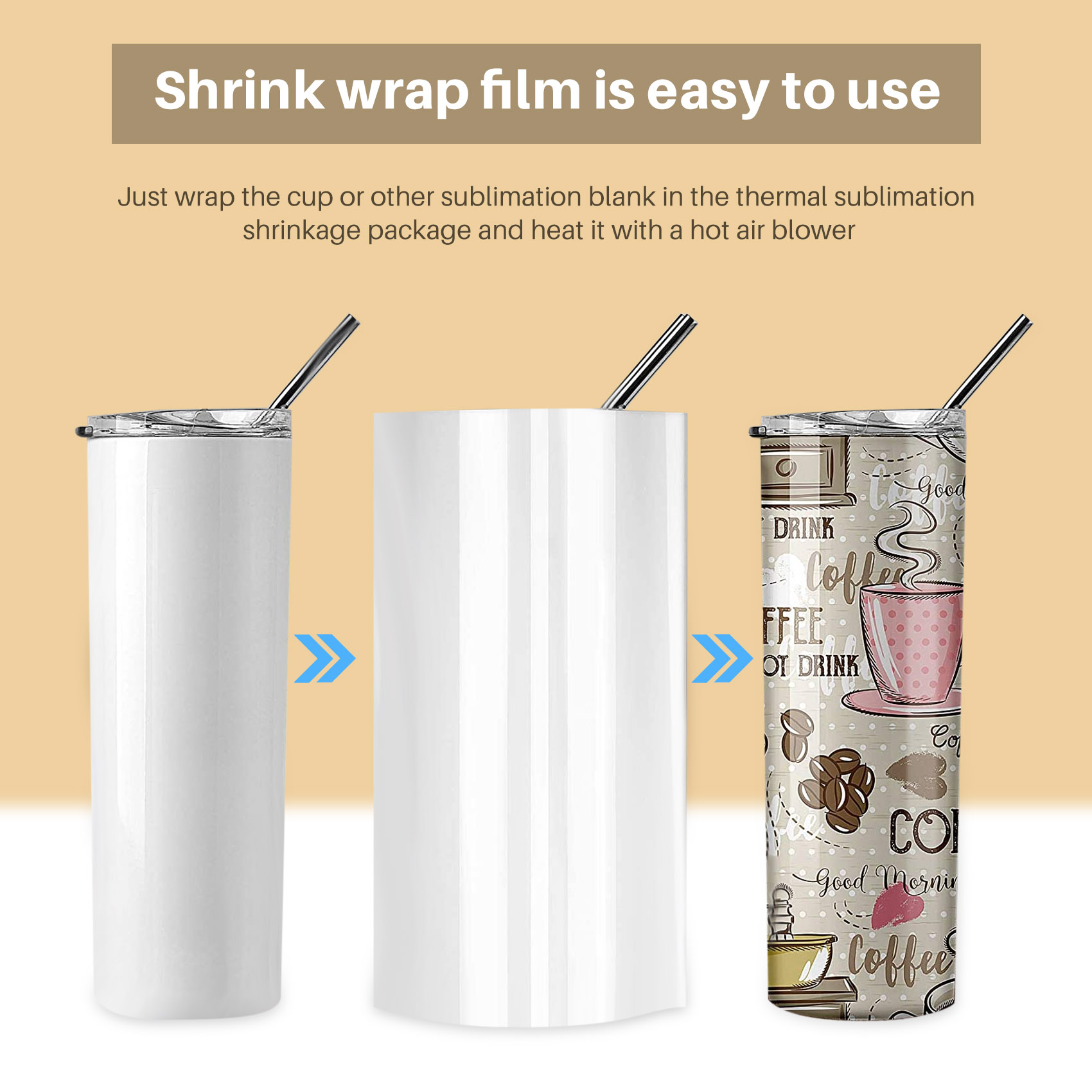Sublimation Mug White - A19F-8X12インチ昇華プリント用シュリンクフィルム、60枚入り。タンブラー、マグカップ、コップなどに使用できる白いシュリンクフィルム。